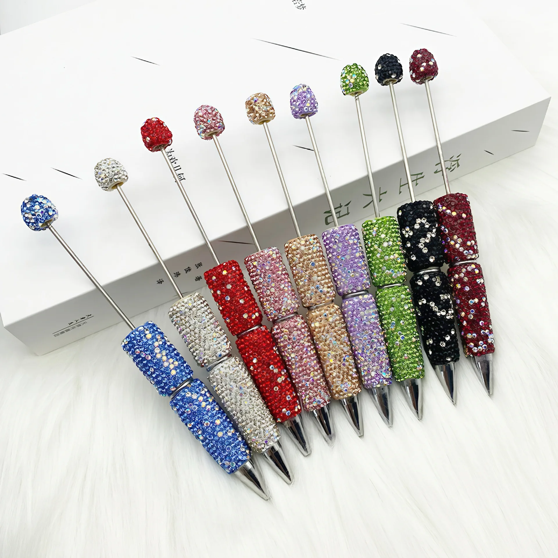 50pcs DIY Glitter Diamond Beaded Pen Handmade Glitter Beadable Ball Pen Gift Pens Student School Office Supplies Cute Stationery