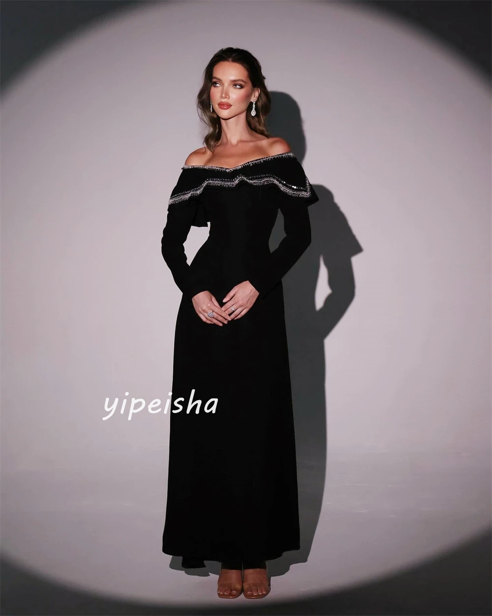 Customized Jersey Sequined Ruched Graduation A-line Off-the-shoulder Bespoke Occasion Gown Midi Dresses