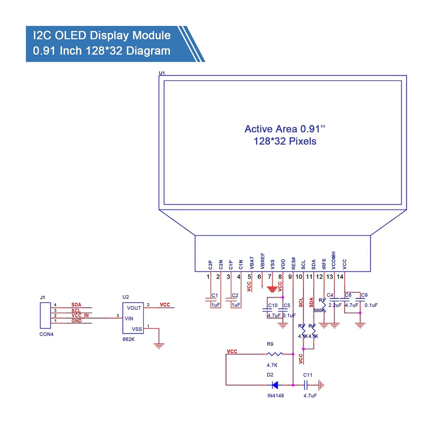 Módulo de pantalla I2C de 5 piezas Módulo de pantalla OLED I2C de 0,91 pulgadas Controlador de pantalla OLED I2C DC 3.3V-5V-A12I