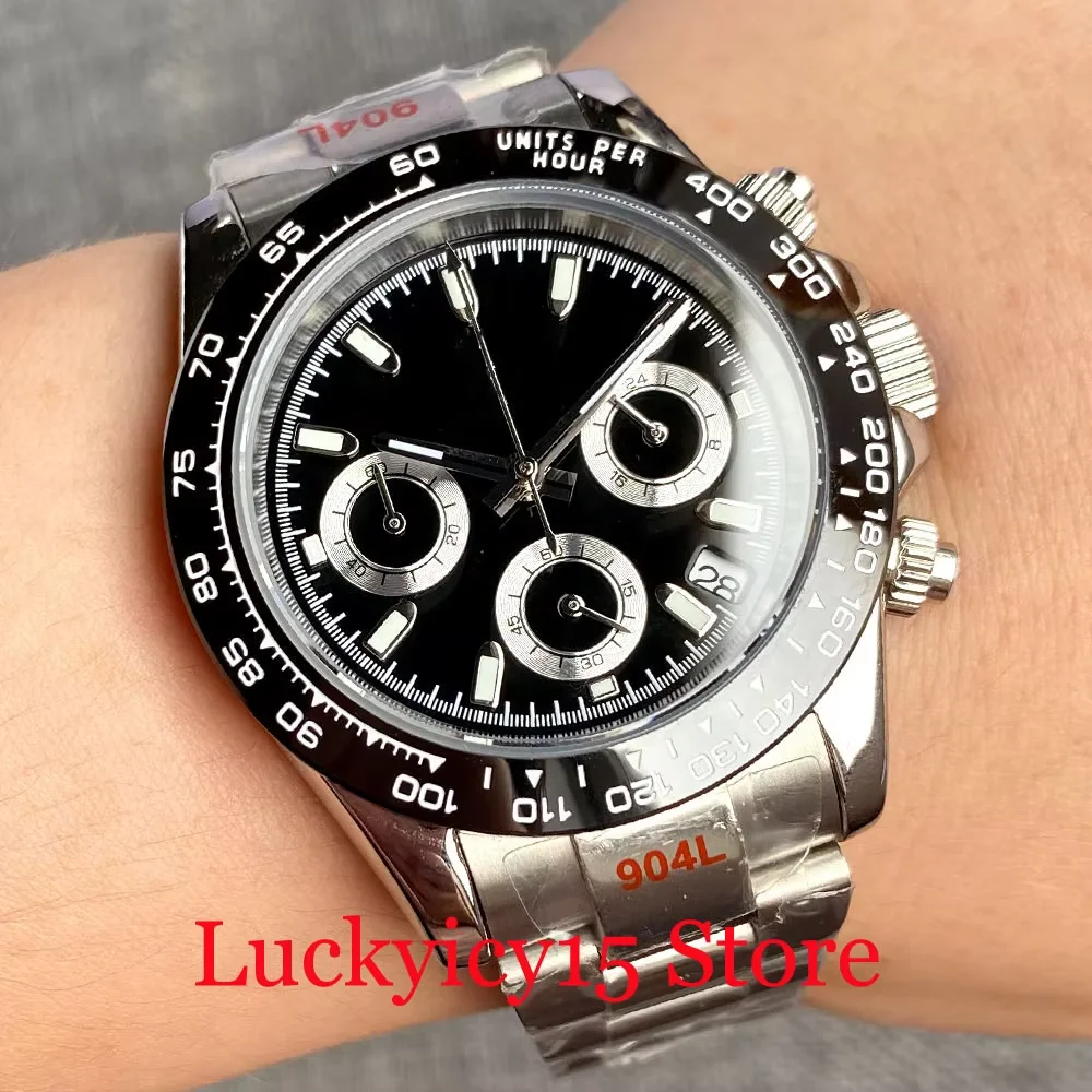 39MM Sliver Case Black/White/Green/Yellow Dial Chronograph VK Quartz Multi-Function Men Watch Sapphire Glass Steel Strap