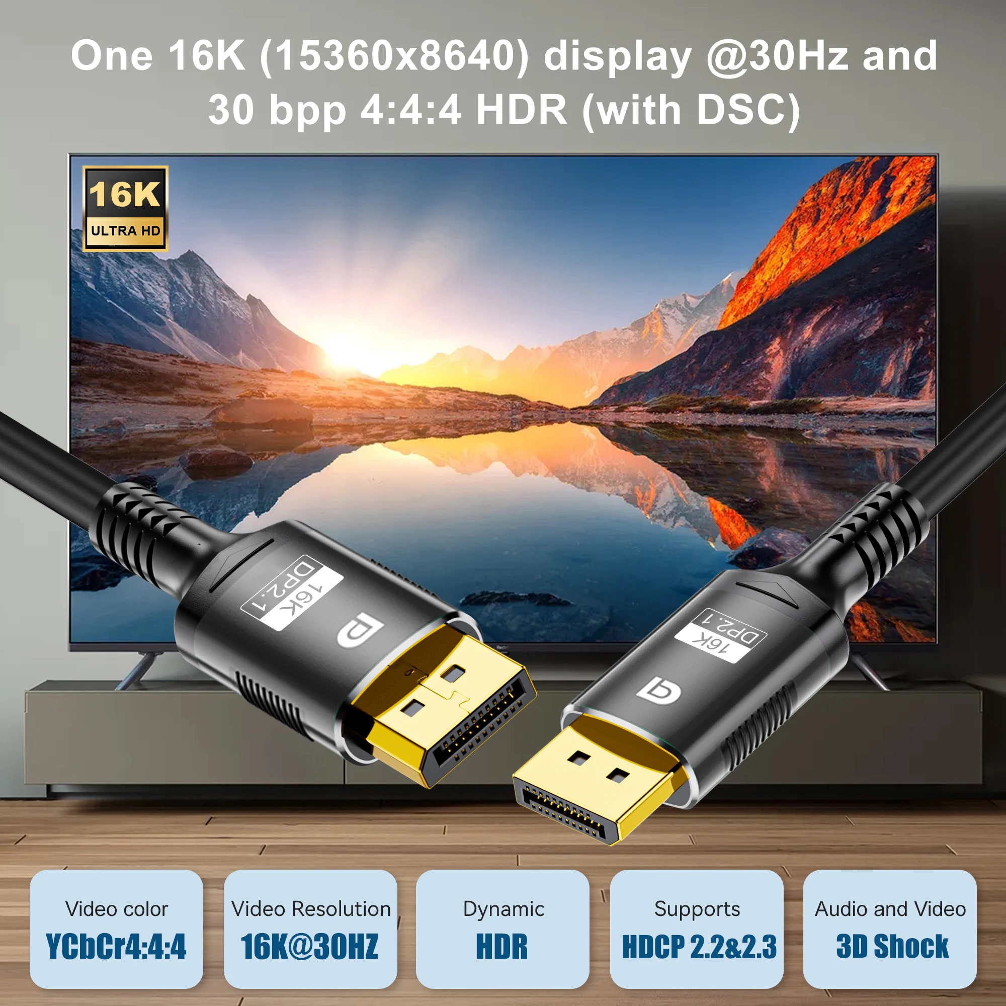 16K DP 2.1 High Speed Display Port Cord 8K @60Hz 16k@30Hz(DSC) 80Gbps Video Audio Cable For Laptop TV Xbox Projector