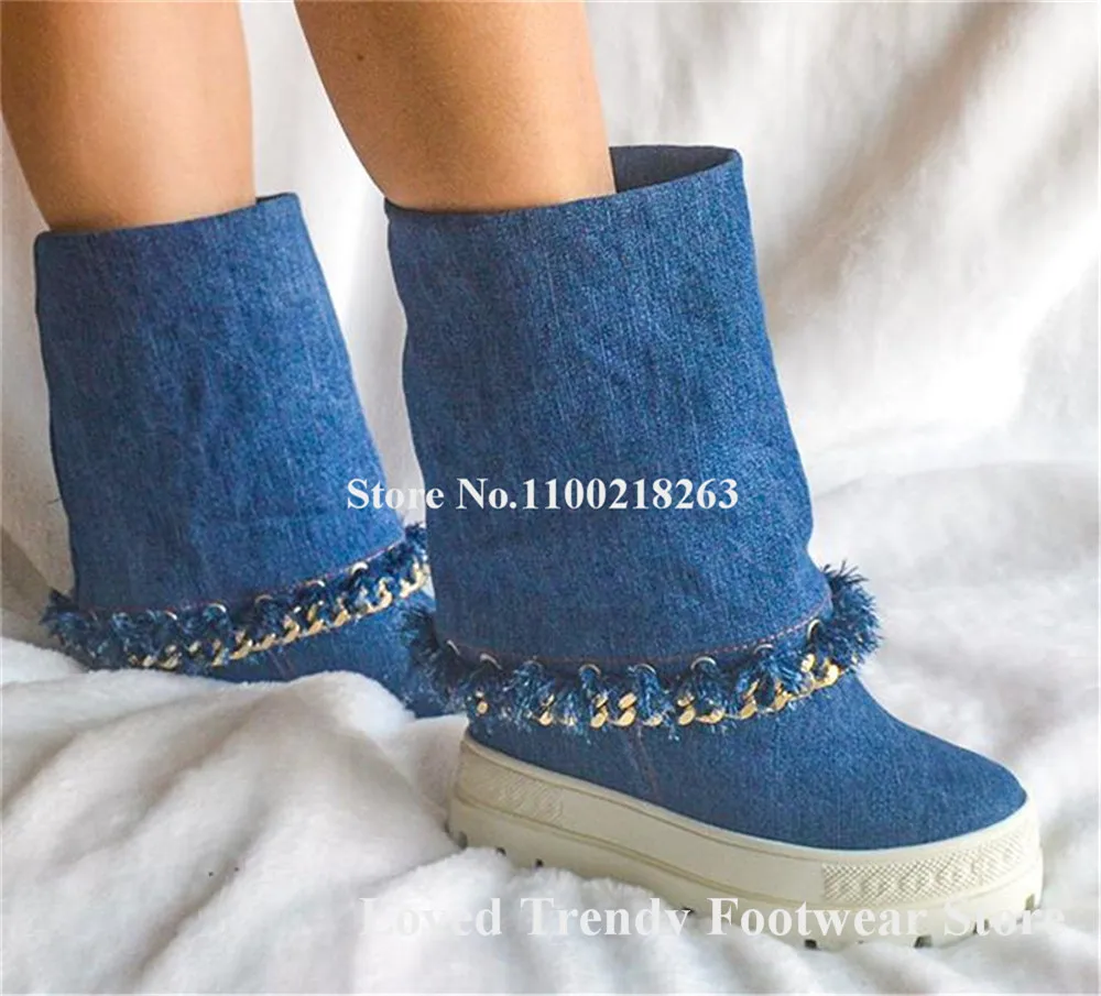 Fashion Blue Denim High Platform Gold Chains Short Boots Round Toe Furry Edge Slip-on Folded Mid-calf Boots