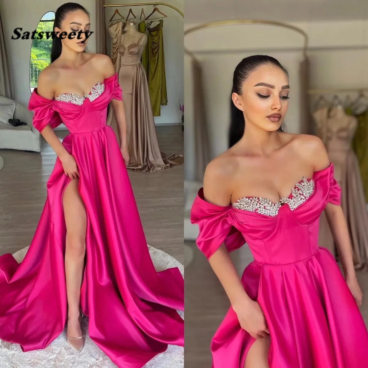 Fuchsia Beaded Prom Dresses Off The Shoulder Side Split Long Party Evening Gowns Women Formal Dress