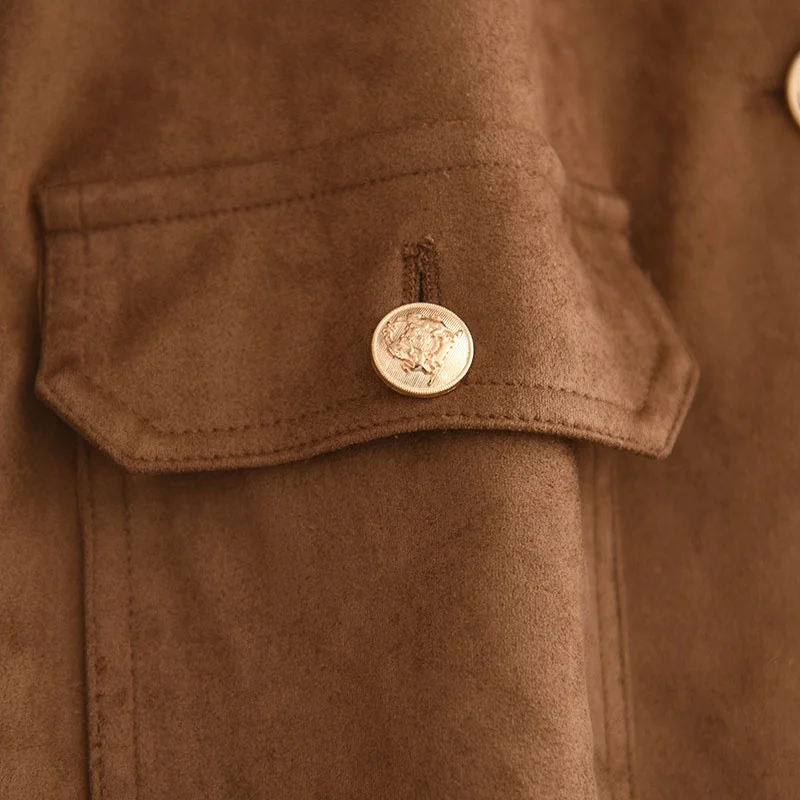 2025年秋向けレトロラウンドネスリムスエードジャケット、レディースファッショナブルショルダーレングススリーブロングアウターコート