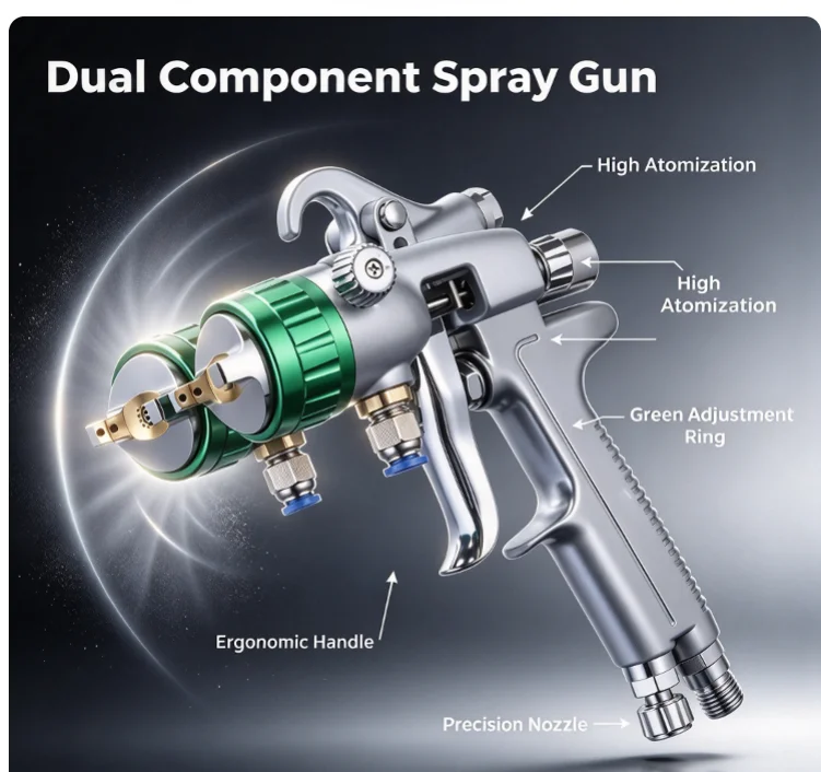 PT-29 Dual Head Spray Gun 2 Component Paint Sprayer with Double 1000ml Cups Internal Pressure Energy Saving Two Way Pressure Fee