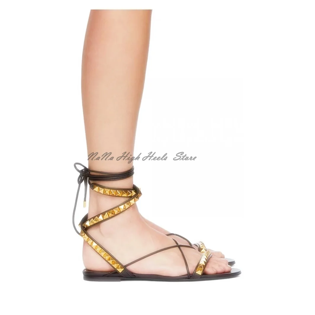 Cross Strap Round Toe Shallow Flat Summer Women Sandals With Rivet Chunky Low Heels Lace Up Design Large Size  Roman Shoes