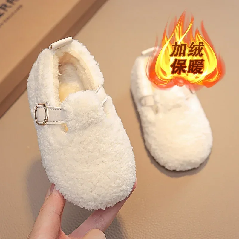 Winter Children Flat Shoes Fluffy Buckle Round Toe Leisure Kids Loafers Warm Hook-loop 21-30 Chic Three Colors Boys Girls Shoe