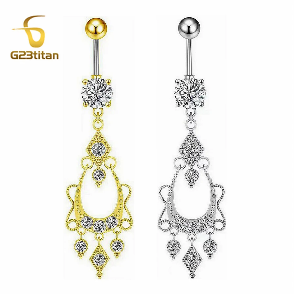 Long Dangle Zircons Belly Button Ring Surgery G23 Titanium Navel Piercing Barbell Unisex 14G Body Bar Fashion Sexy Jewelry Gifts