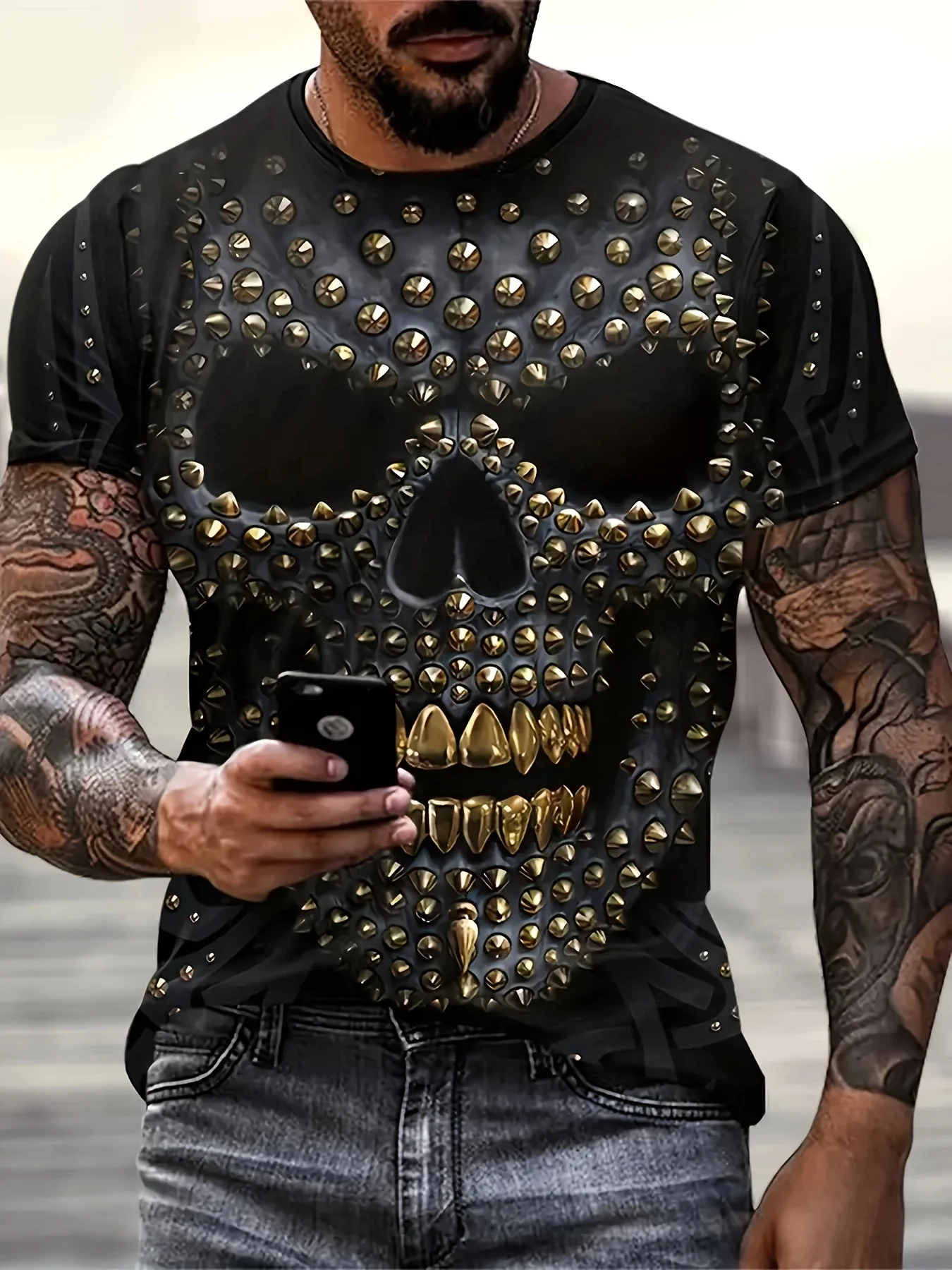 Men's Skull Print T-shirt Casual Short Sleeve Crew Neck Tee Fashion Men's Clothing  Outdoor Loose Casual Comfort Clothing Tops