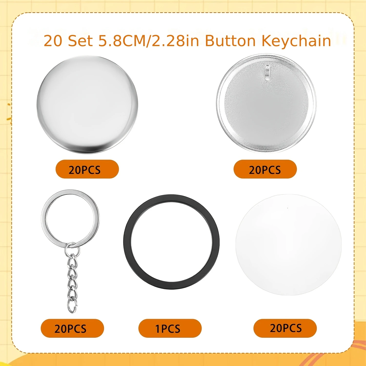 20 Sets of Button Keychain Materials with  Metal Covers,  Bases,  Films,  Chains, And 1 Spacer, Allowing You to Create