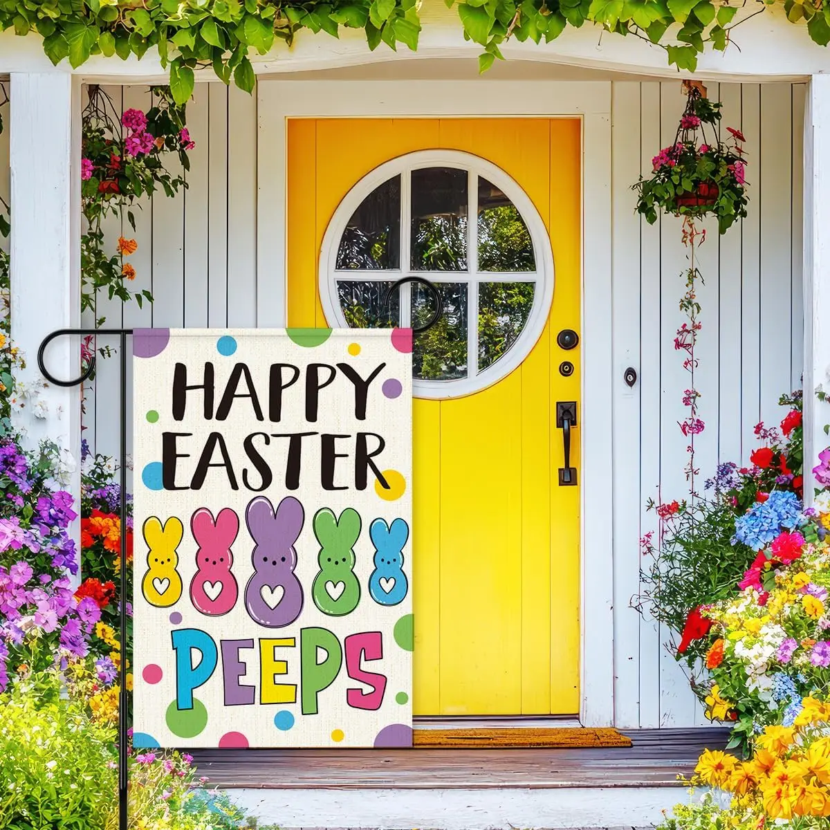 Happy Easter Peeps Garden Flag,Bunny Small Yard Flag,Easter Theme Welcome Garden Flags for Outside Outdoor,12x18 Inch Burlap ZZM