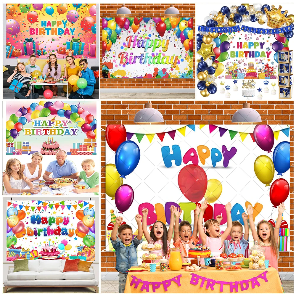 

Colorful Happy Birthday Theme Colorful Balloon Candle Birthday Party Flag Gift Child Portrait Family Photography Backdrop Decor