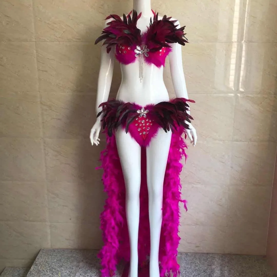 Costume de Bikini Plumes pour Femme, Haut Halter Strass, String, Longue Traîne de Plumes, Tenue de Danse Burlesque, Carnaval, Samba, Spectacle d'Halloween