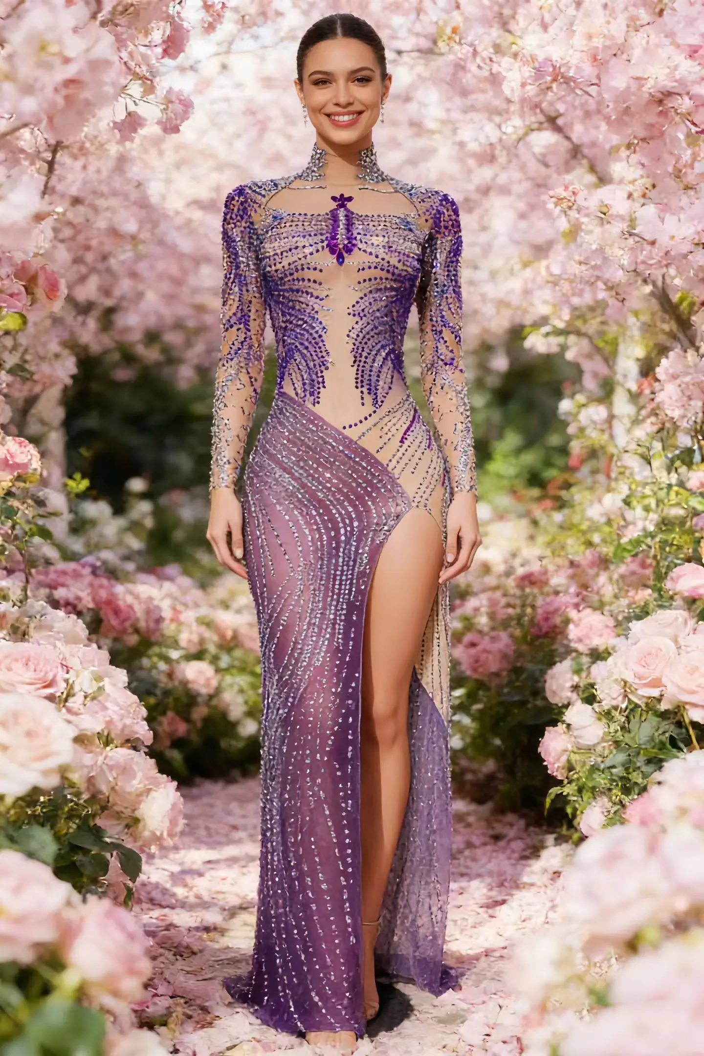 Ziyunshu Purple Silver Rhinestone Embellished Sheer Mesh High Slit Gown for Drag Queen Stage Performances and Nightclub Events