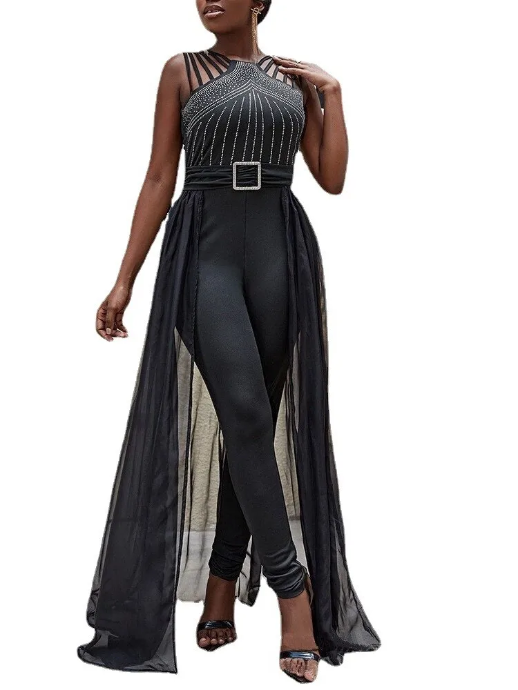 Summer Sleeveless Lace Up Women\'s Elegant Long Jumpsuit Fashion Hot Drill Waist Mesh Mop Slim Fit Female Party Jumpsuit 2025