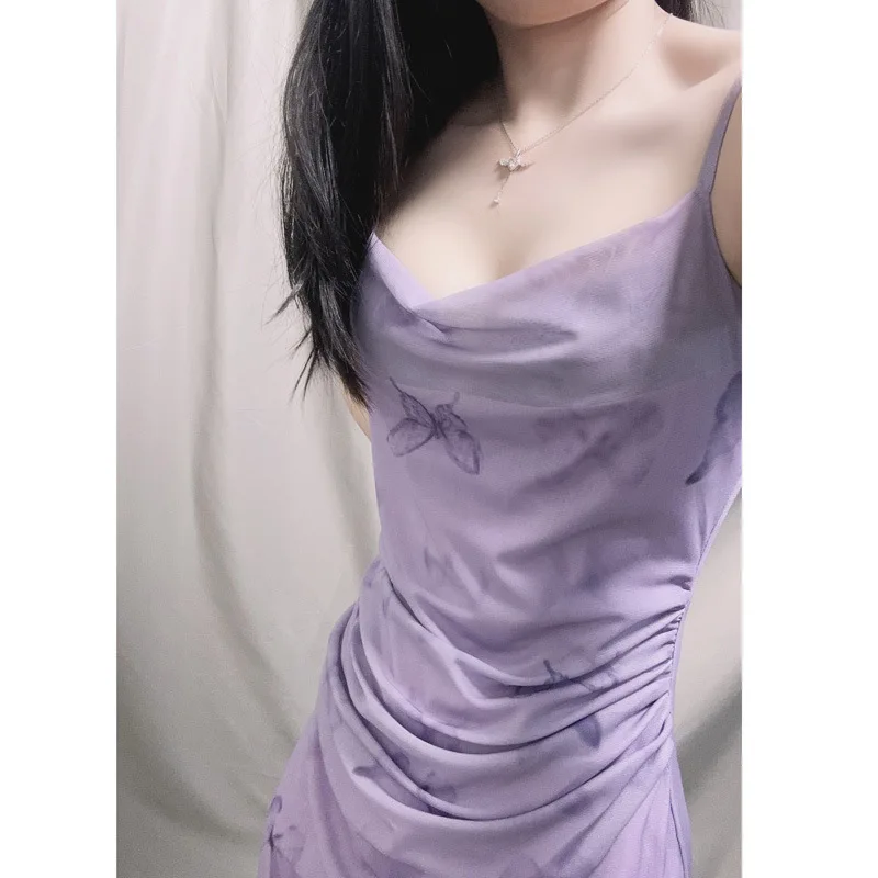 

Print Ruched Design Strap Dress Trendy 2026 New Summer Purple Stretch Mesh Women