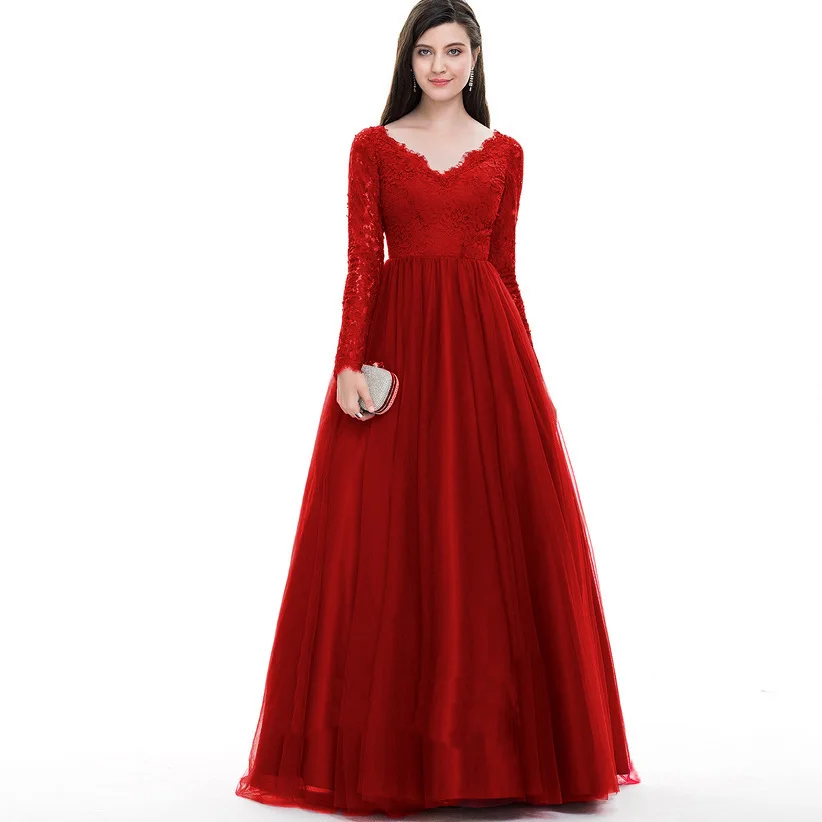 Luxury Plus Size Formal Evening Dress V-Neck Christmas Long Sleeve Party Dress Tiered Tulle Full Length Evening Gown Ball Robe