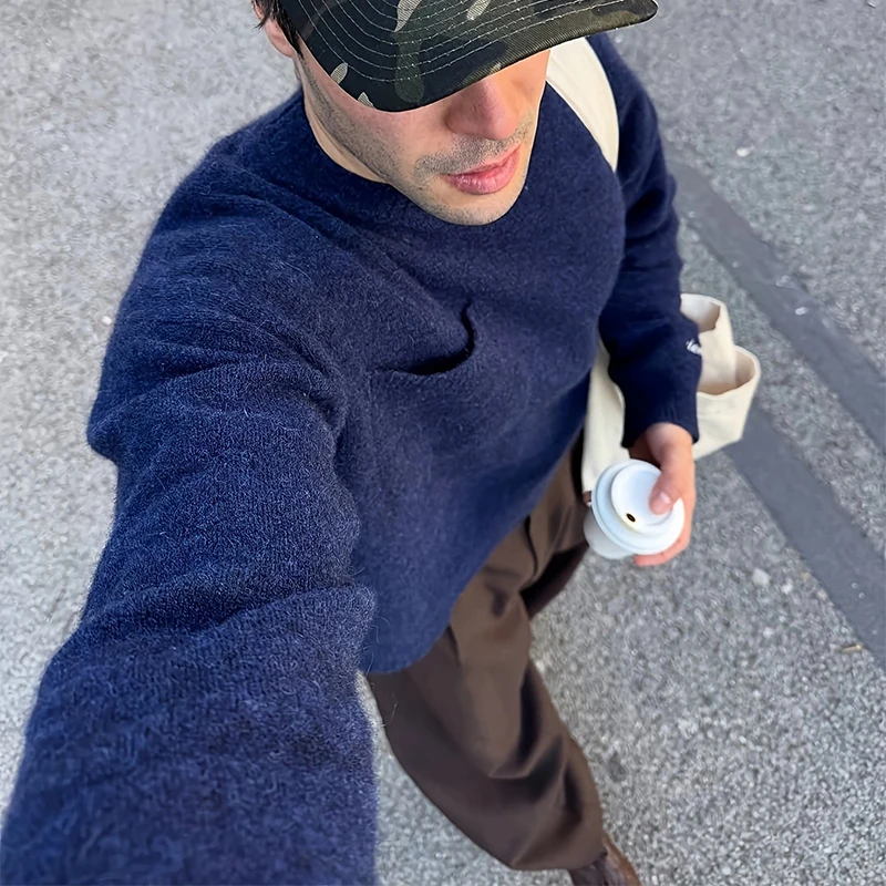 Streetwear Vintage Mens O Neck Sweaters Fashion Simple Solid Color Knit Sweater For Men Autumn Daily Casual Long Sleeve Jumpers