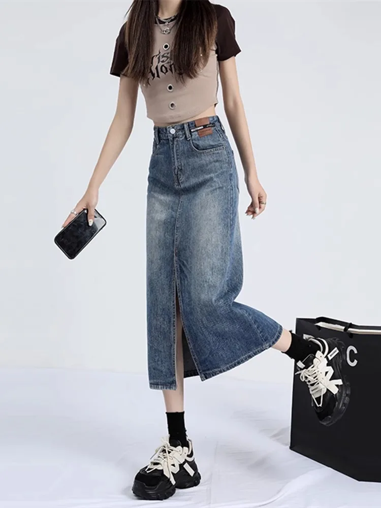 High Waist A-Line Slit Denim Skirt Women's Mid-Length Summer New Hip-Covering Body-Skimming Half Skirt Trending