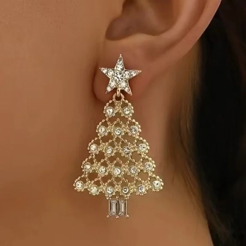 

1Pair New Fashion Gold-Tone Christmas Tree Drop Earrings for Women, Sparkling Rhinestone Star Top & Hollow Crystal-Encrusted Tree Pendant, Sweet Temperament Light Luxury Design, Shiny Party Jewelry for Christmas