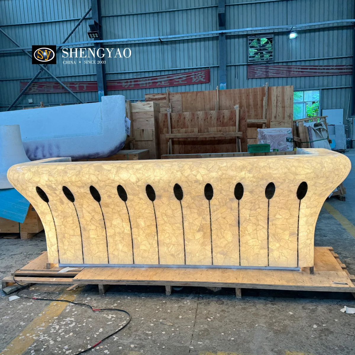 

Custom Backlit Design Natural White Crystal Clear Quartz Translucent Stone Reception Desk