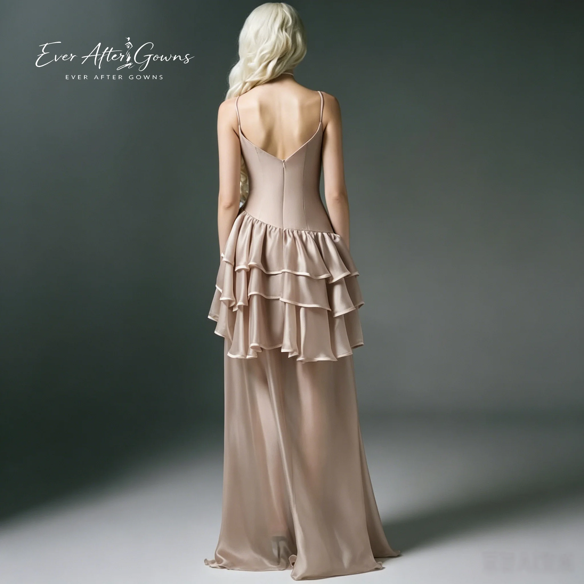 Ever After Gowns Dusty Pink Spaghetti Strap High Low Maxi Dress Tiered Ruffle Satin Cocktail Wedding Guest GownEver After Gowns