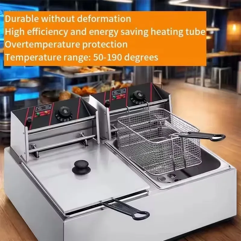 مقلاة زيت مزدوجة كهربائية تجارية، مقلاة عميقة بدرجة حرارة ثابتة لبطاطس مقلية للدجاج، ستانلس ستيل