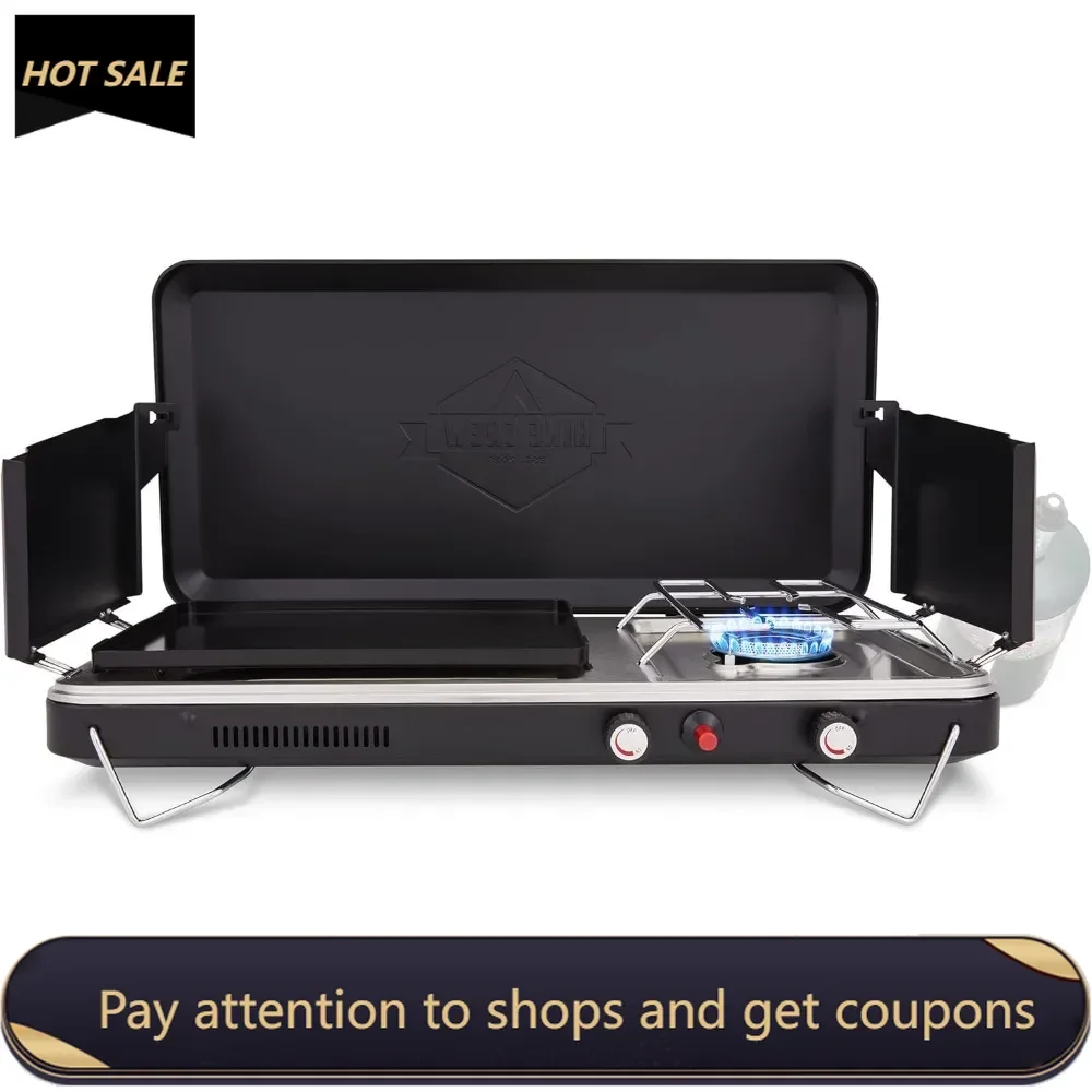 2-in-1 Gas Camping Stove | Portable Propane Grill/Stove Burner w/Integrated Igniter & Stainless Steel Drip Tray， Foldable Legs