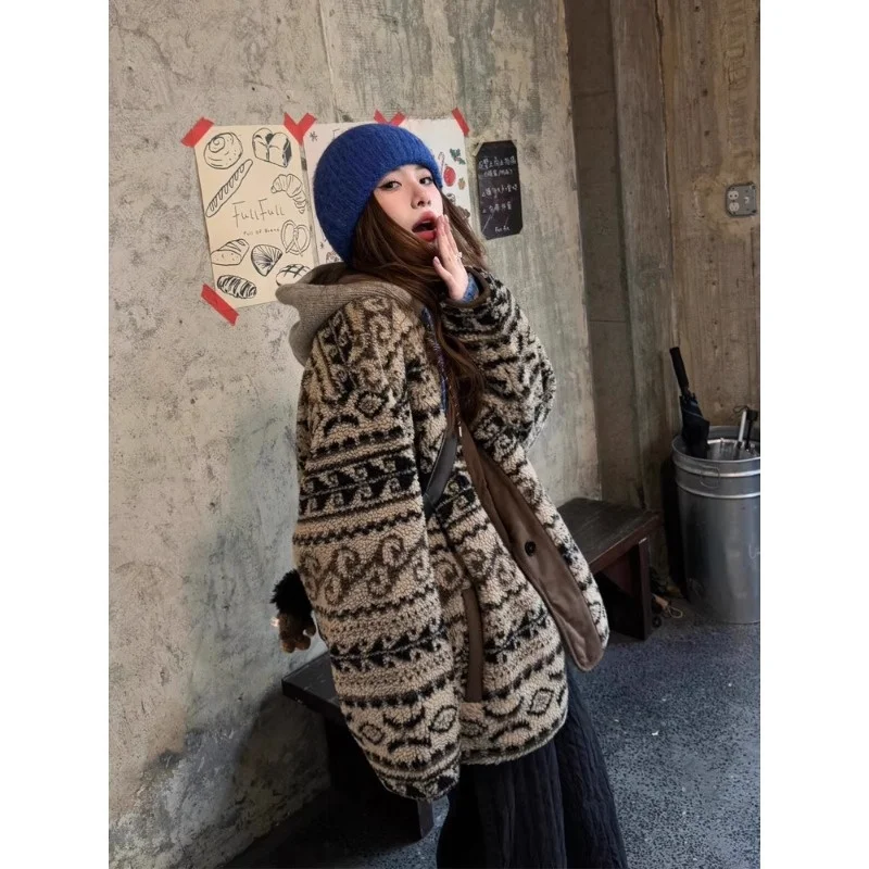 

Warm Fce Outerwear Vintage Lazy Coat Fair Isle Print Eco-friendly Lamb Fur New Sle Autumn Winter Thiened Plu Casual ...