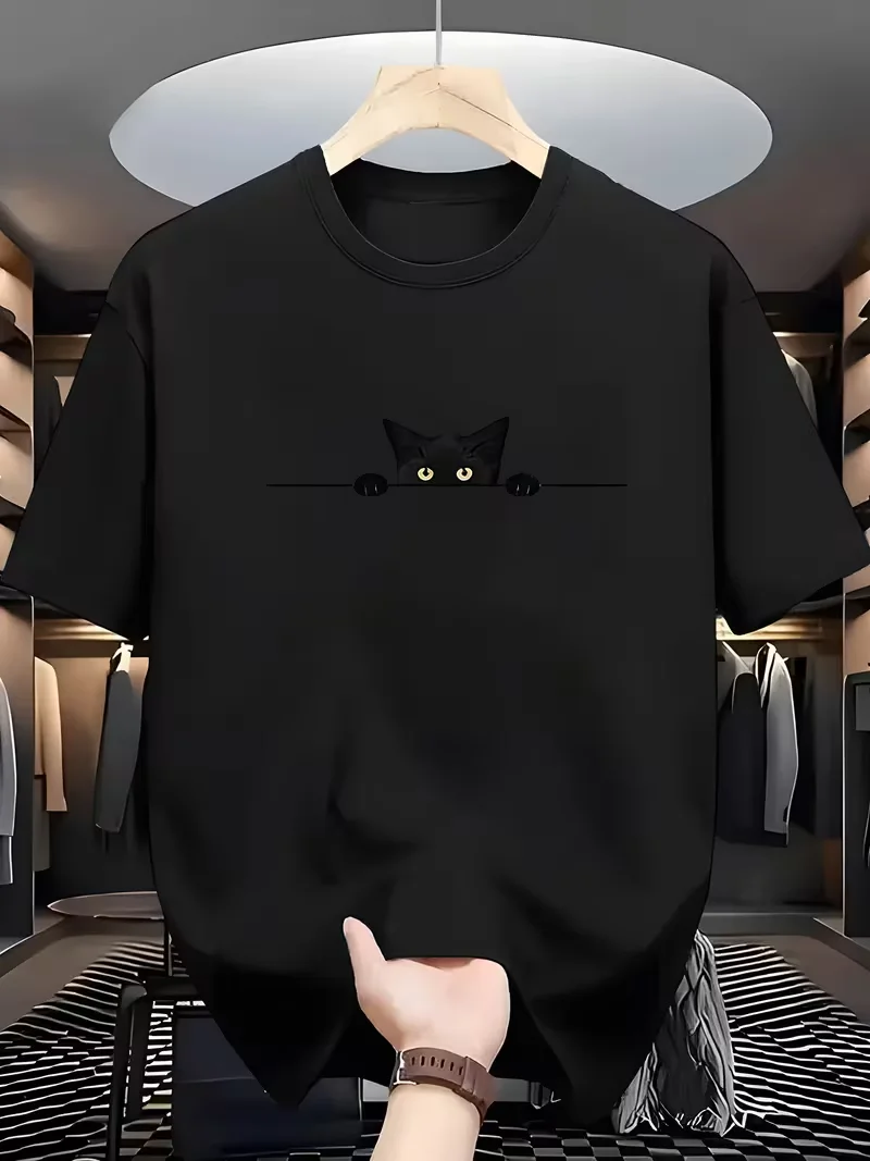 T-shirt noir avec graphique minimaliste de guitare et de musique chat – T-shirt ample à col rond pour un usage quotidien et formel – Toutes saisons