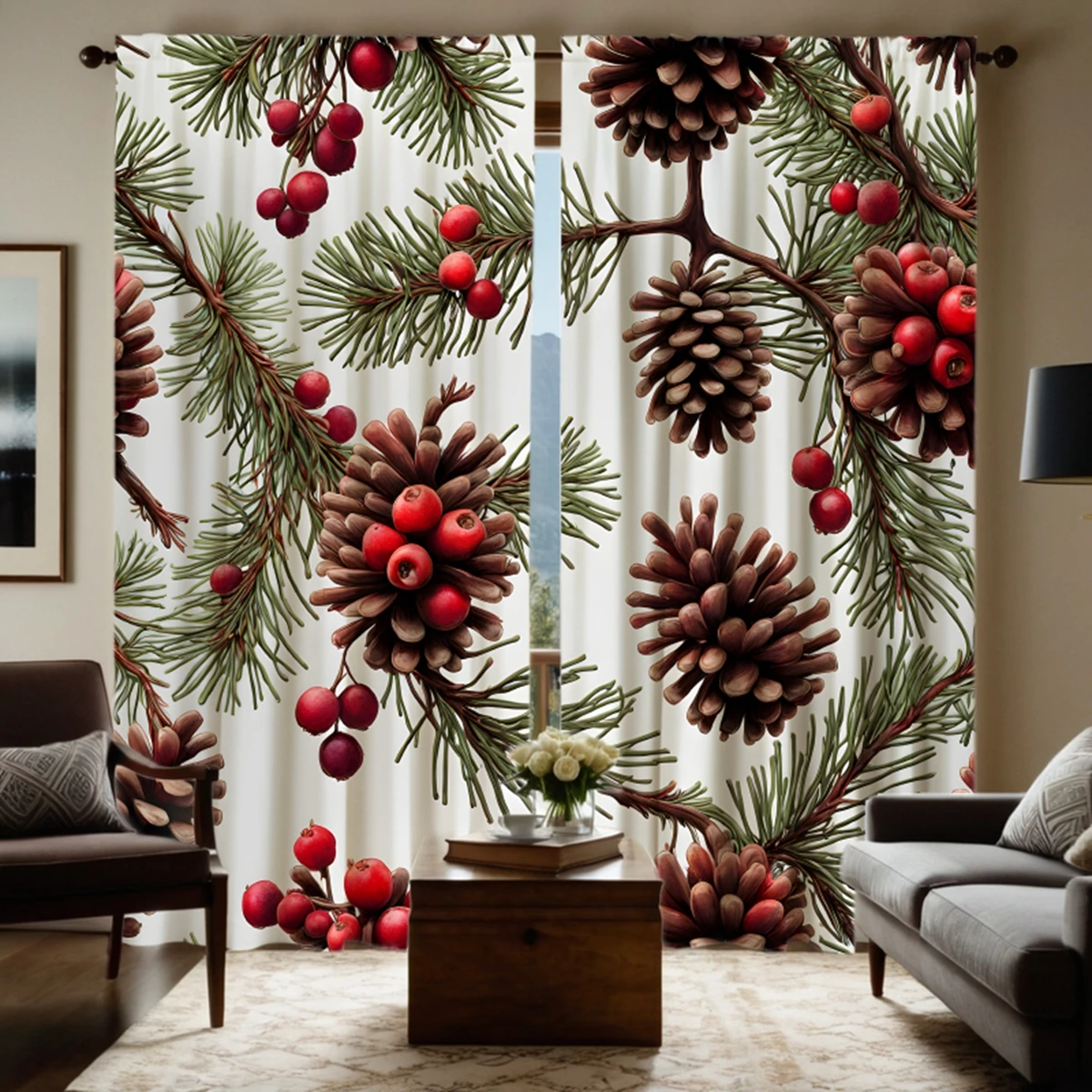 

2pcs HD Christmas bright red pine cone green leaf decorative curtain Green tie digital printed curtain Home decoration style