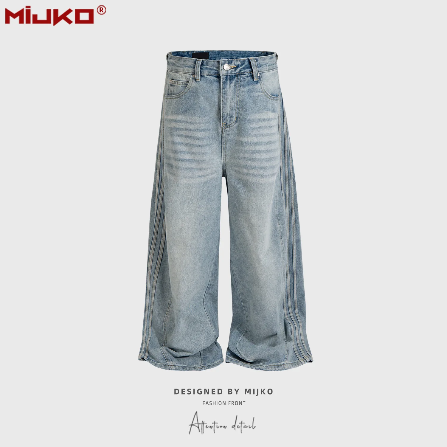 MIJKO Stripe Jeans Unisex Washed Vintage Blue Silhouette Denim Pants G6893#