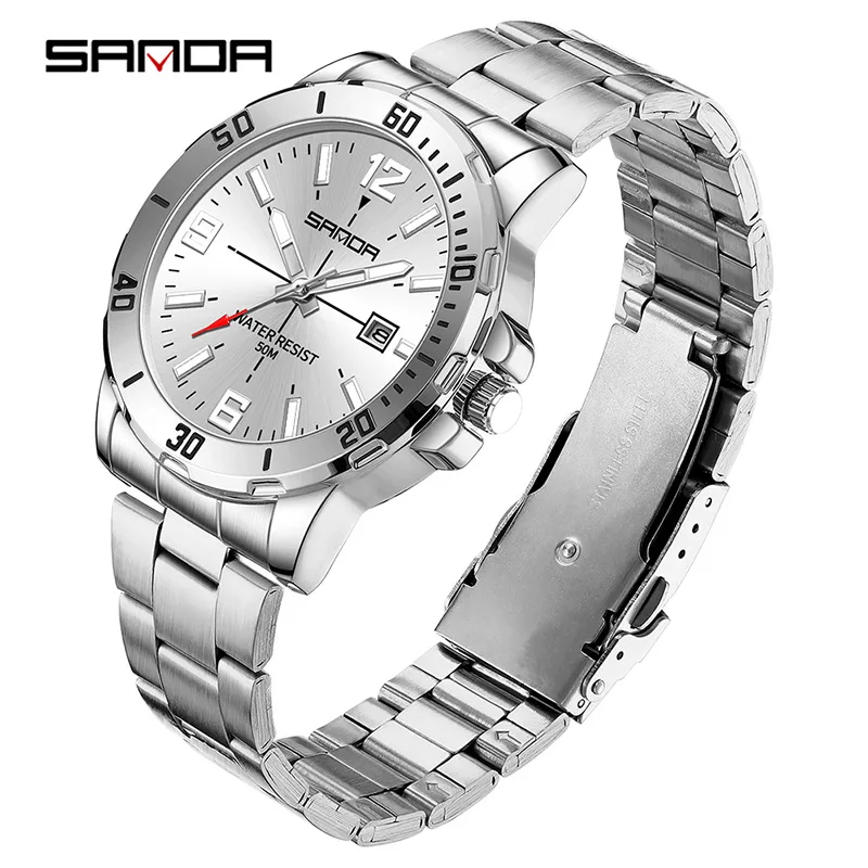 SANDA 3265 Reloj de cuarzo para hombre Reloj de pulsera con calendario y banda impermeable con luz nocturna y esfera grande simple y moderno