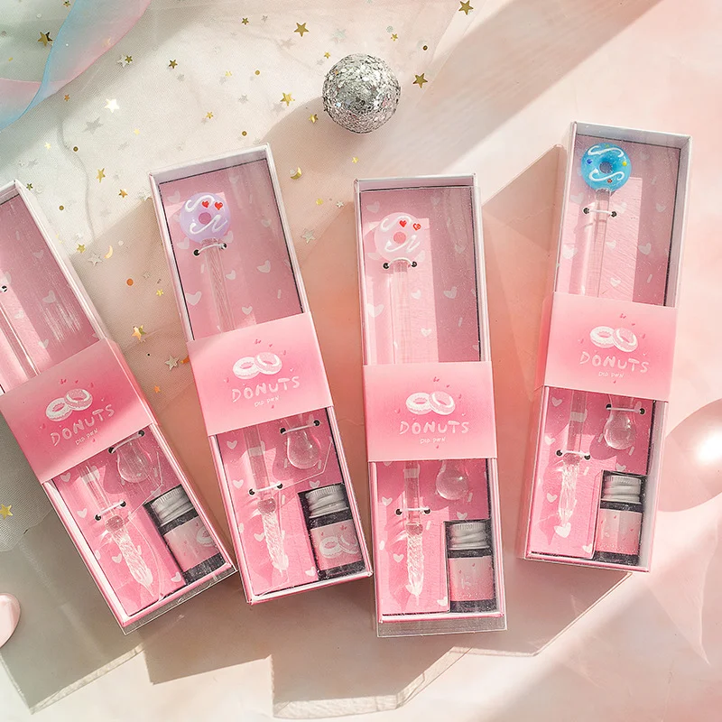 Handmade Crystal Doughnut Glass Dip Pen Set Student Creative Stationery Ink Writing Tool Gift Box Included