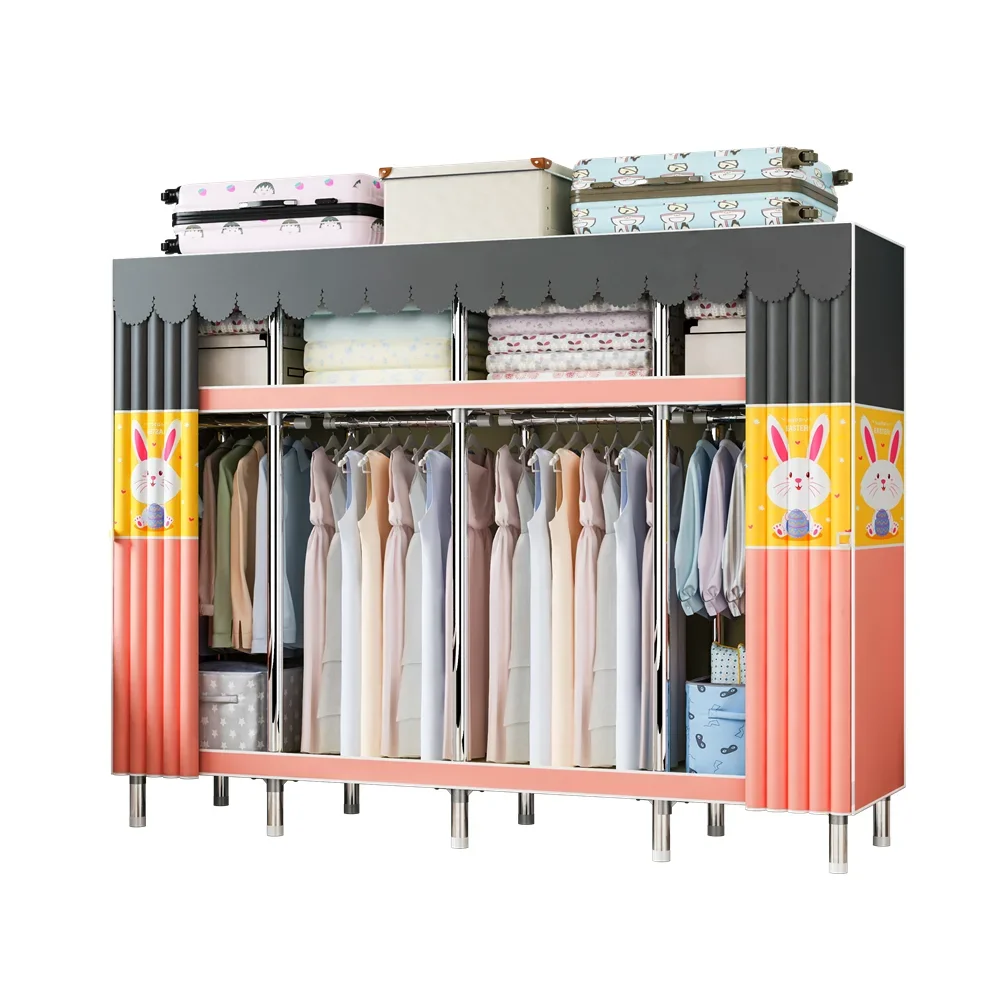 

4-Column Collapsible Portable Canvas Wardrobe with Steel Frame Foldable Clothes Hanging Closet Mobile Cupboard