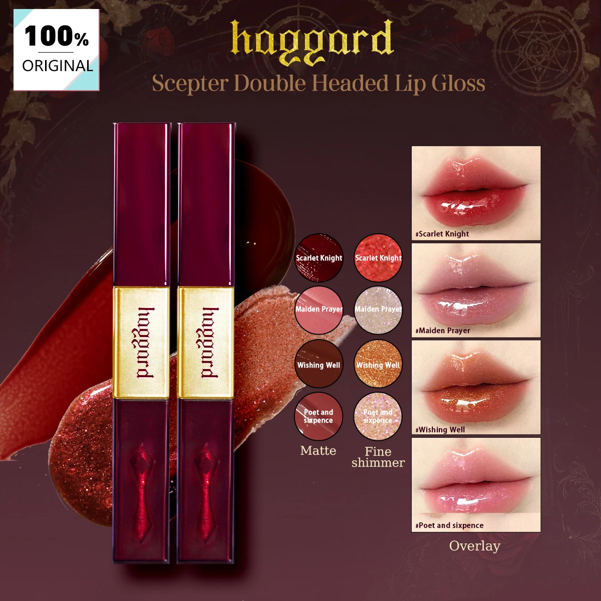 Haggard Scepter Double Headed Lip Gloss,Silky Lip Gloss Texture,Lightweight & Non-Sticky,High Color Payoff,Mirror-Like Shine