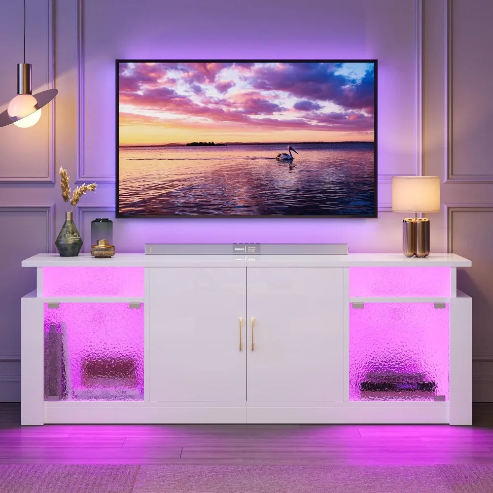 

TV Stand for 65/70 inch TV, High Gloss Entertainment Center with Storage Cabinets & Adjustable Shelves, Modern TV Console with
