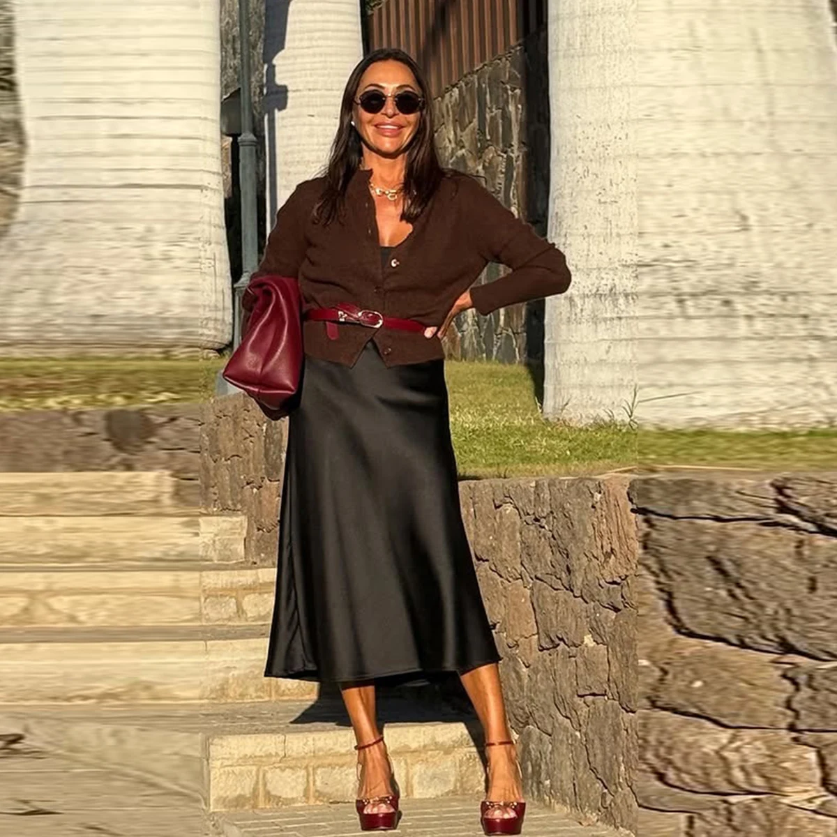 

Elegant Black Satin Women Skirt Mid-Calf Pencil Skirt Zipper Waist Girls Formal Skirt To Party