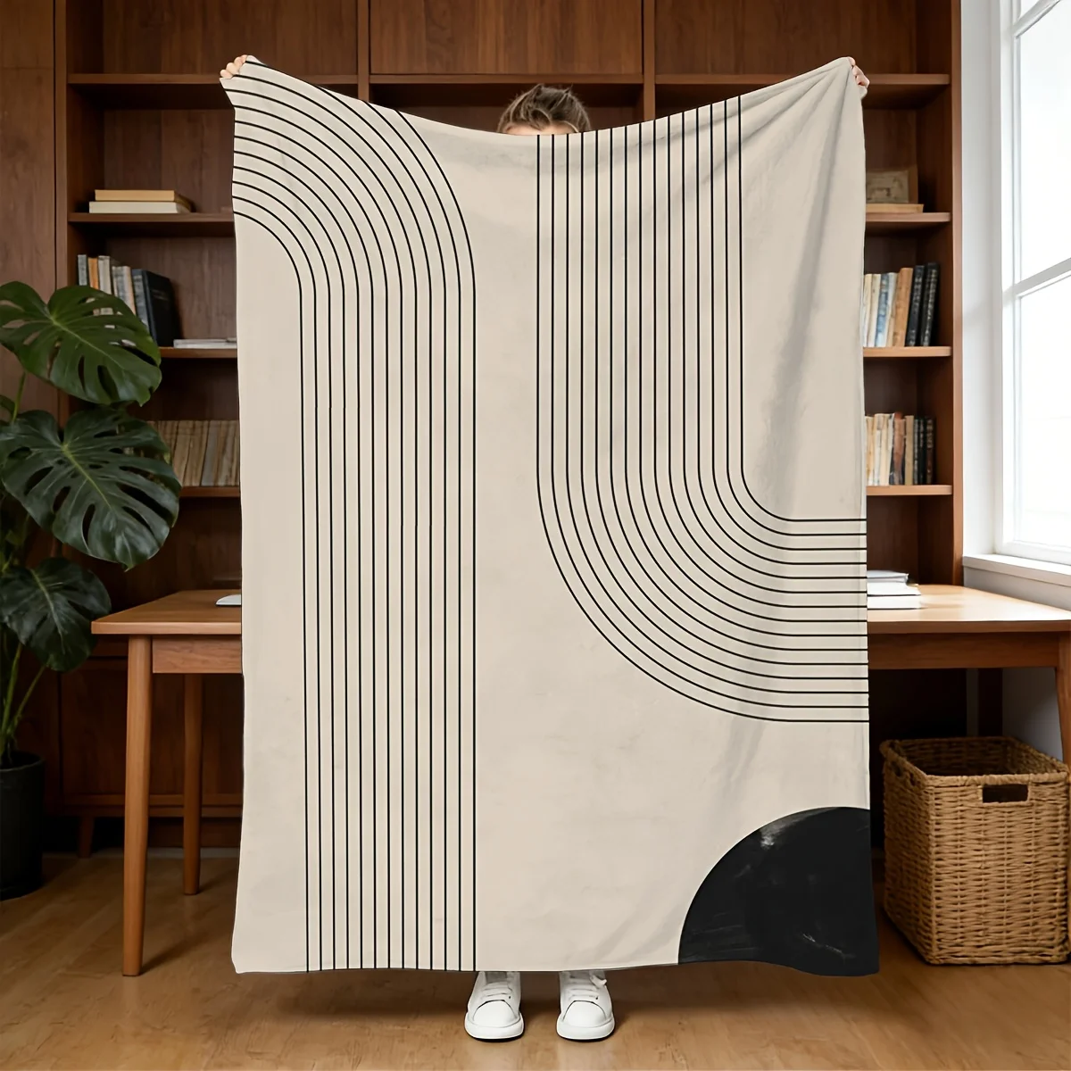 Modern Simple Arc Line Geometry Warm Fleece Blanket Soft Thick Fabric for Travel Couch Bed Camping Daily Coldproof Home Supplies