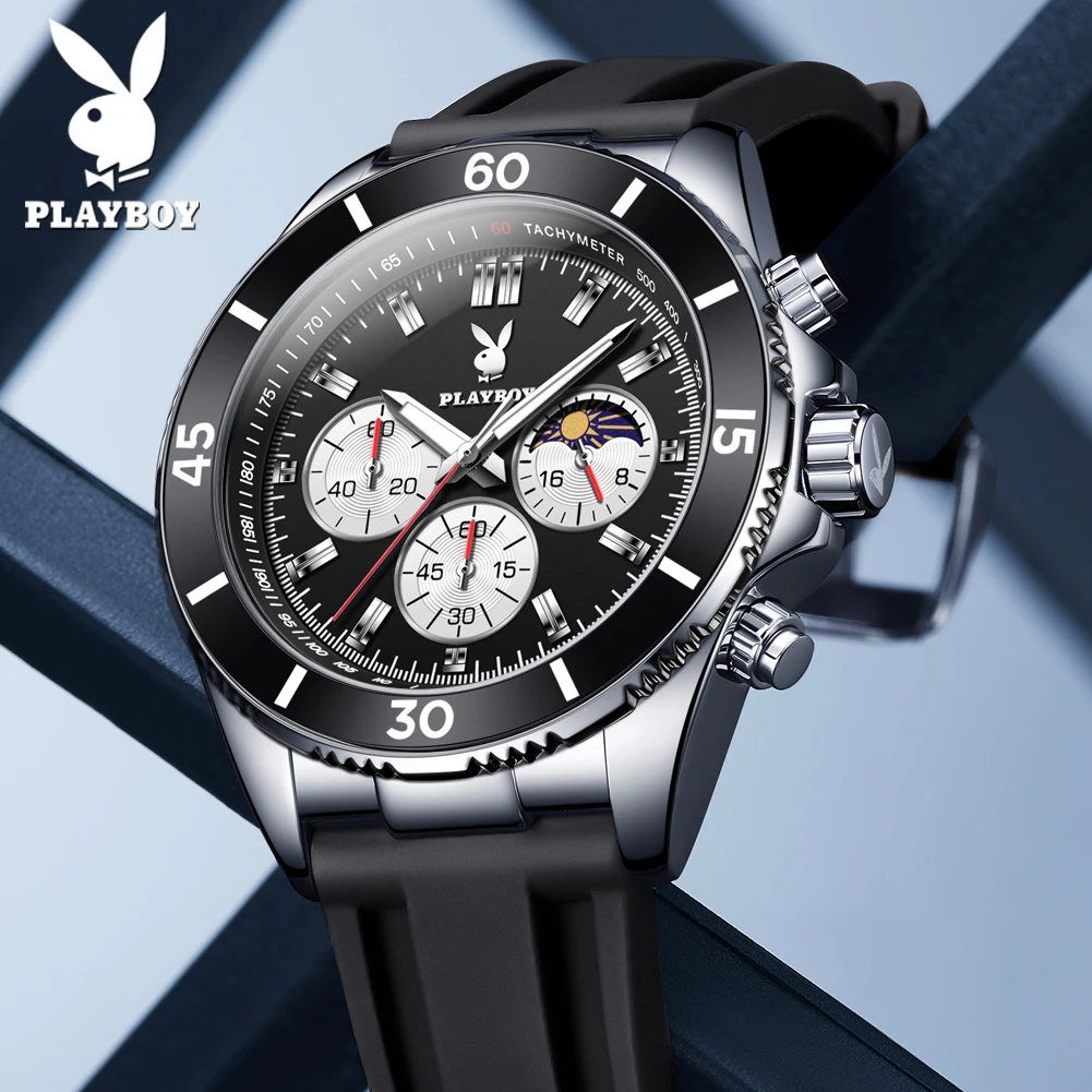 

Мужские часы PLAYBOY 3512, роскошные кварцевые часы с фазами Луны, водонепроницаемые, светящиеся, с датой, повседневные, модные, спортивные наручные часы для мужчин