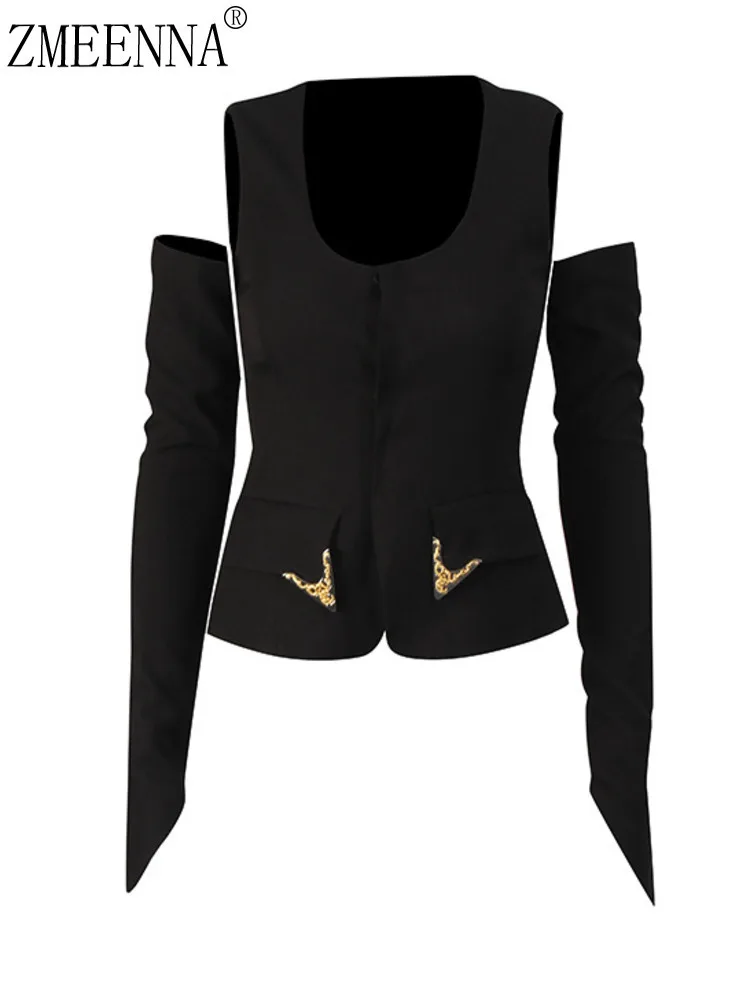

ZMEENNA женский черный жилет без рукавов с баской и U-образным вырезом, золотой V-образный вырез с карманами, повседневный жилет, верхняя одежда ZM4509