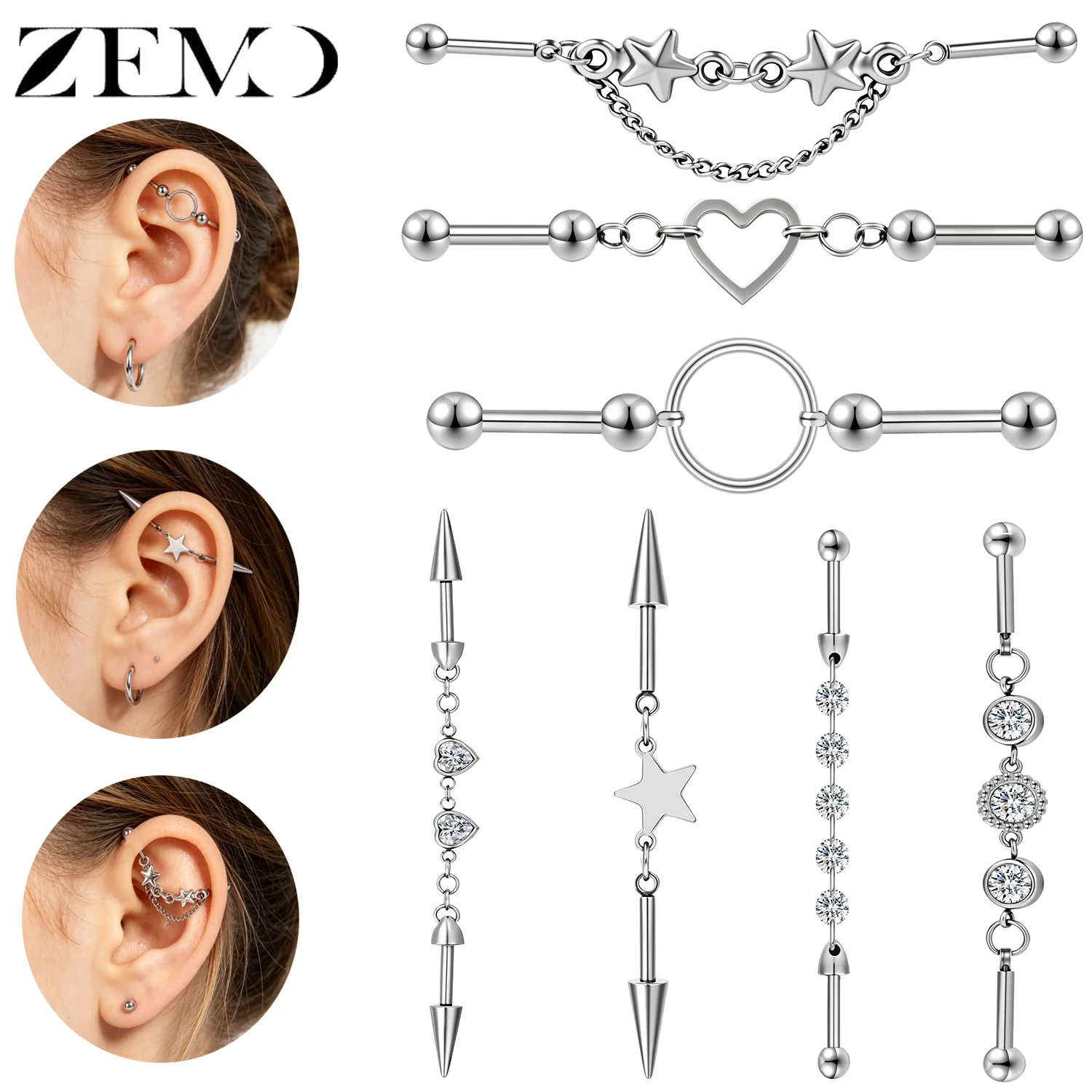 ZEMO 1PC/1Pair 14G Punk Long Industrial Earring 316L Stainless Steel Heart Star CZ Stud Earring Barbell Cartilage Helix Piercing
