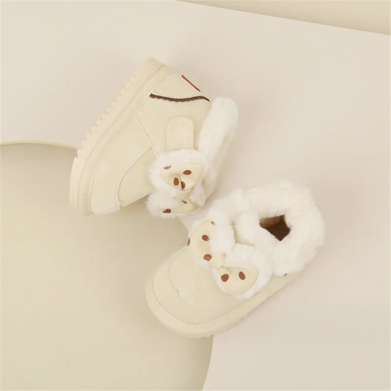 2023 New Winter Baby Shoes For Girls Leather Butterfly-knot Warm Plush Kids Boots Rubber Sole Fashion Toddler Children Snow Boot