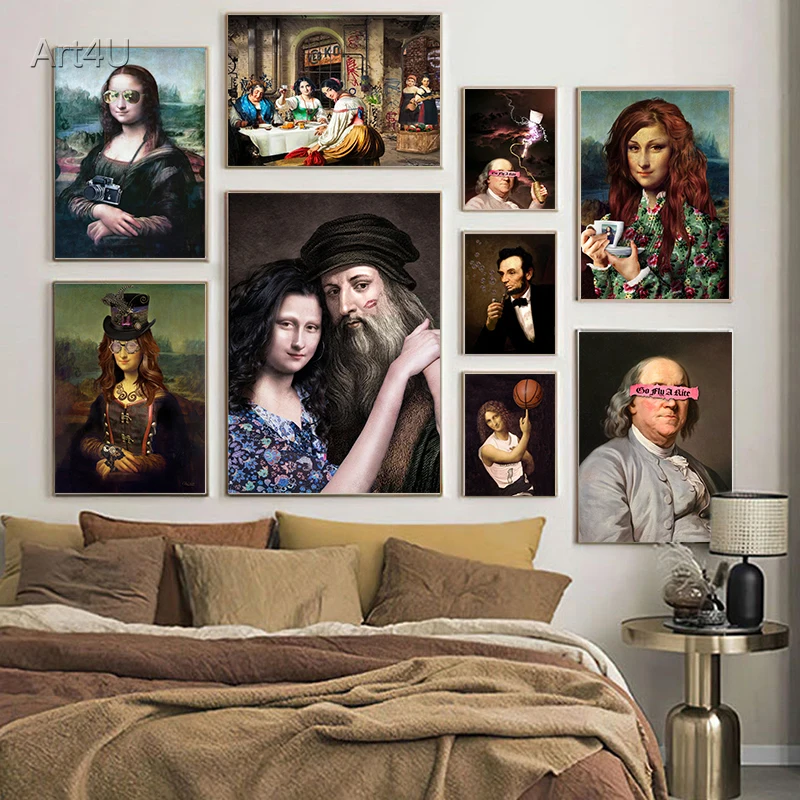 Spoof Mona Lisa Posters Funny Famous Portraits Paintings Canvas Prints Wall Art Pictures for Living Room Decor Unframed