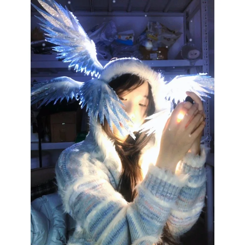4PCS/Six-Wing Angel Headband & Feather Earrings Set – Shimmering Blue-Silver Costume Headpiece for Party & Cosplay