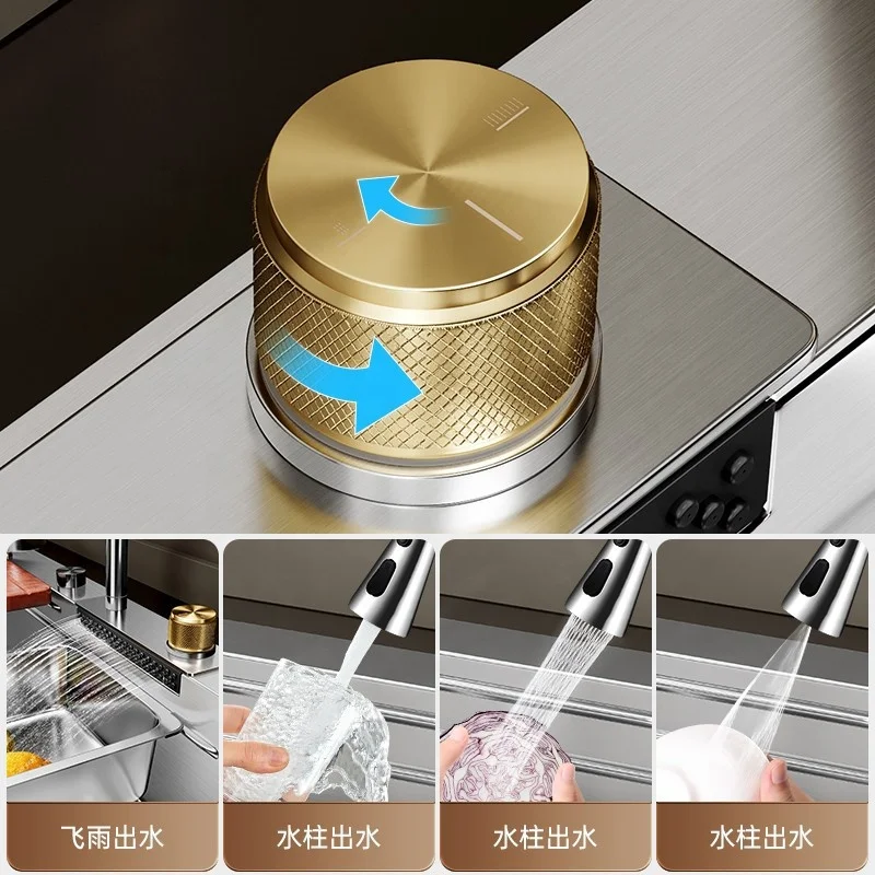 Tiktok Trend SUS304 Multifunctional Silver Smart Digital Display Waterfall Faucet Farmhouse Above Counter Kitchen Sink