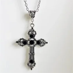 Gothic black ruby cross pendant men's women's necklace European and American retro simple fashion jewelry gifts