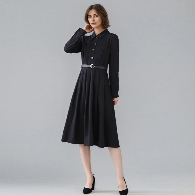 

Black Stretch Slub Linen Shirt Dress - Long Sleeve Floor-Length Work Dress, Chic & Stylish