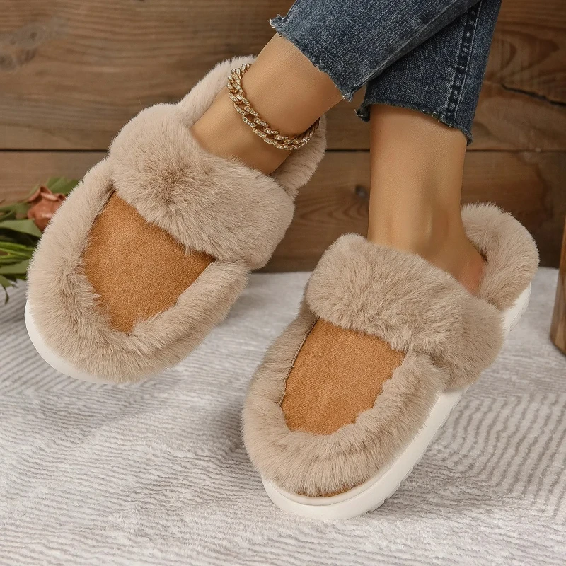 

New Winter 2025 Women's Thick Bottom Plush Slippers Women's Short Plush Flat Shoes Home Warm Cotton Shoes Suede Slippers