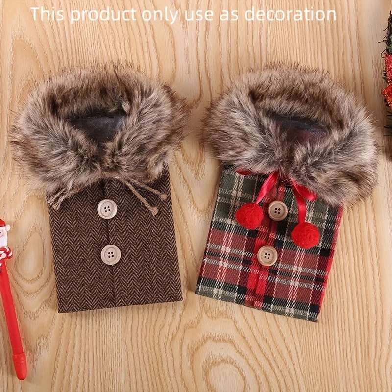 Christmas Decoration Burlap Wine Bottle Cover with Faux Fur Collar, Red Wine Bottle Sleeve, Holiday Atmosphere Party, Home Scene